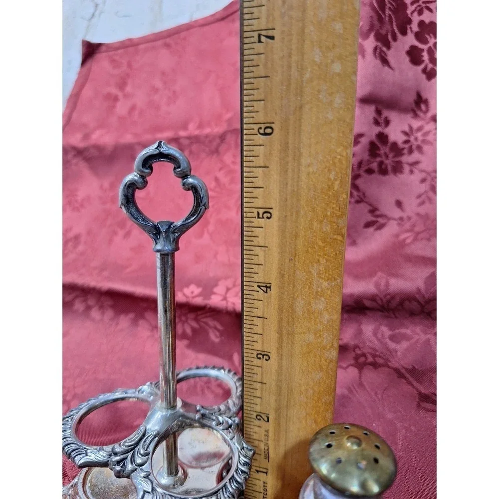 Vintage‎ Ornate Silver Tone Condiment Caddy with 3 Glass Shakers Brass Lids